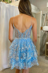 Charming Spaghetti Straps 3 Layers Short Homecoming Dress With Sequined Appliques